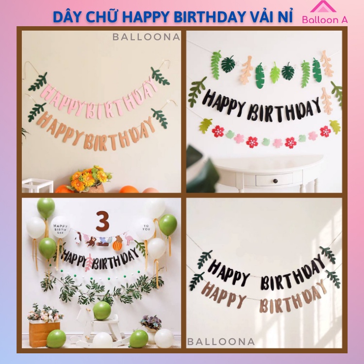 Dây treo chữ happy birthday, chúc mừng sinh nhật bằng vải nỉ kèm lá trang trí sinh nhật