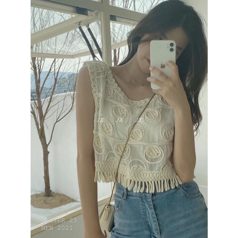 Mới Áo Thun Sát Nách Phối Tua Rua Cho Nữ