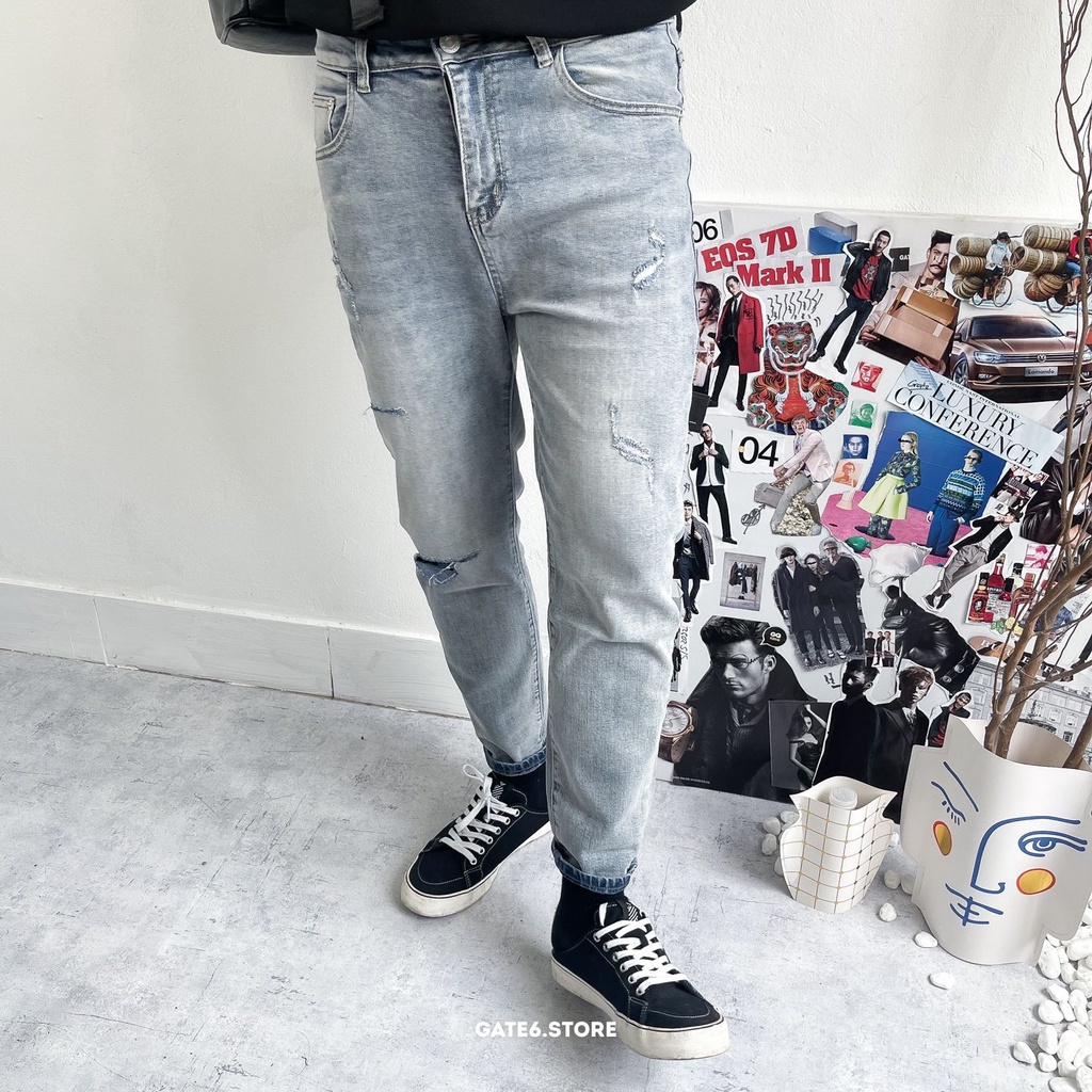 Quần Jean Nam slimfit YY, quần bò dài co giãn rách gối Xanh sáng mài GATE6 - 9051