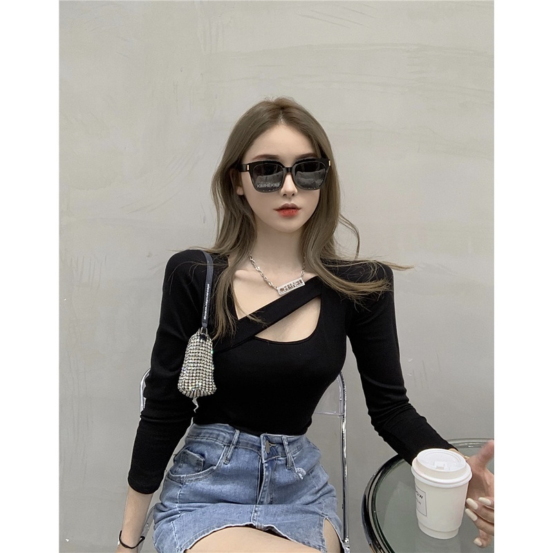 Áo thun nữ tay dài màu trơn thiết kế đơn giản gợi cảm thời trang