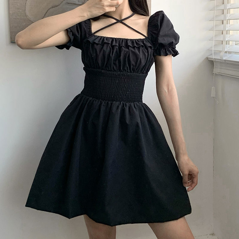 Palace Style Pleated Waist Tight Square Collar Black Dress Cross Lace up Slimming Puff Sleeve Dress Women's High WaistAWord Skirt【3Month18Day After】 | BigBuy360 - bigbuy360.vn