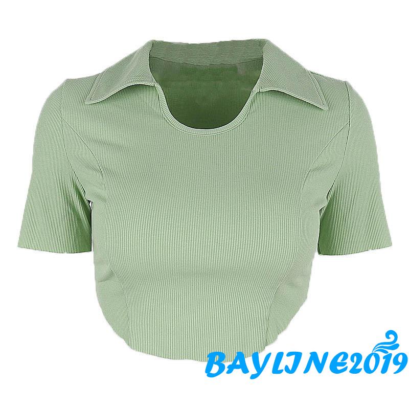 Áo Croptop Tay Ngắn Cổ Bẻ Màu Trơn Thời Trang Mùa Hè Dành Cho Nữ