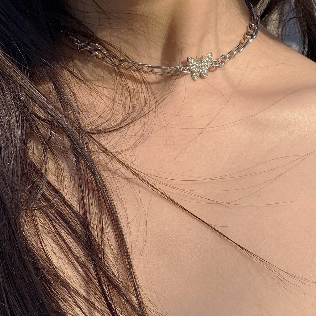 Vòng Cổ Choker Bạc Đính Kim Cương Nhân Tạo Mặt Cánh Bướm Sang Trọng Dành Cho Phụ Nữ