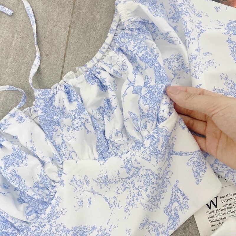 SET ÁO HOA DÂY XANH CHÂN VÁY TRẮNG VẠT