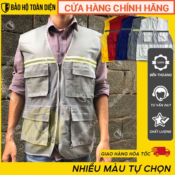 [DEAL SỐC] Áo ghi lê kỹ sư túi hộp 1 dây kéo, áo bảo hộ lao động có phản quang, vải Kaki kèm lưới thoáng mát