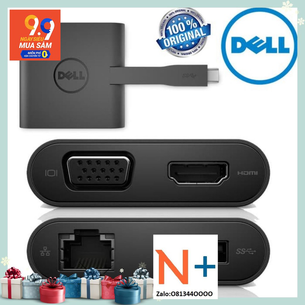 BỘ CHUYỂN ĐỔI TỪ CỔNG TYPEC RA HDMI+VGA+ETHERNET+USB 3.0 - DELL DA200 CHÍNH HÃNG