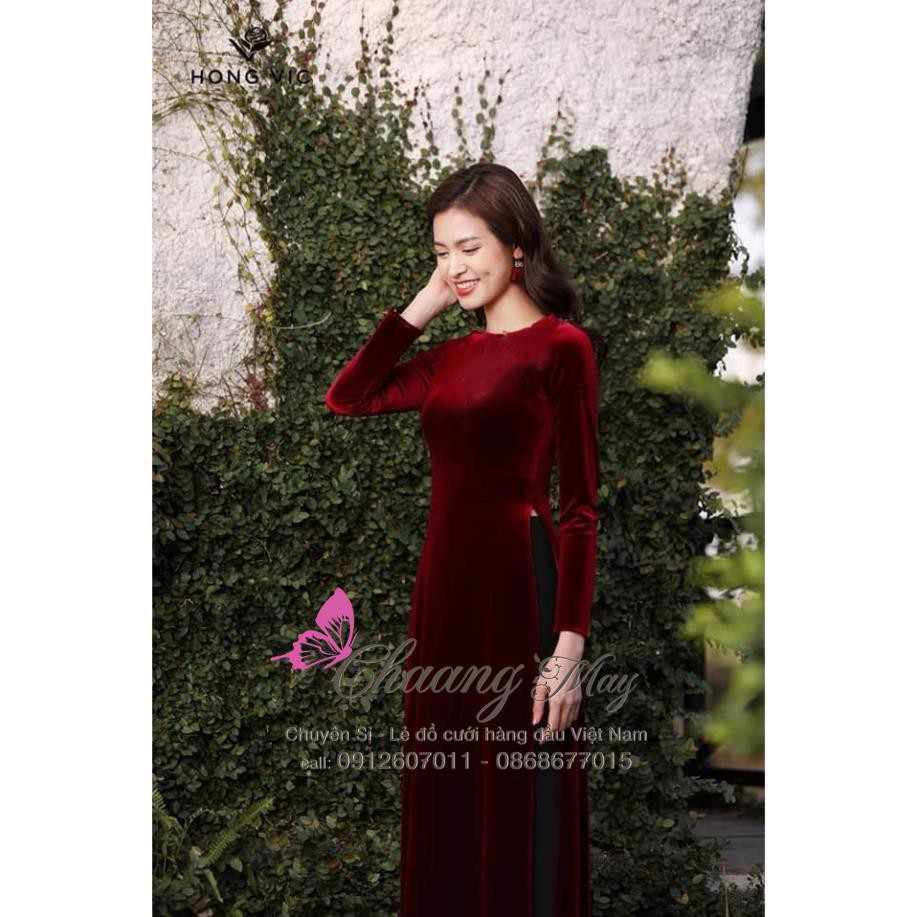 Áo dài nhung cổ tròn_Chaang_May sẵn áo dài đẹp, vải nhung đỏ đô đậm sang trọng