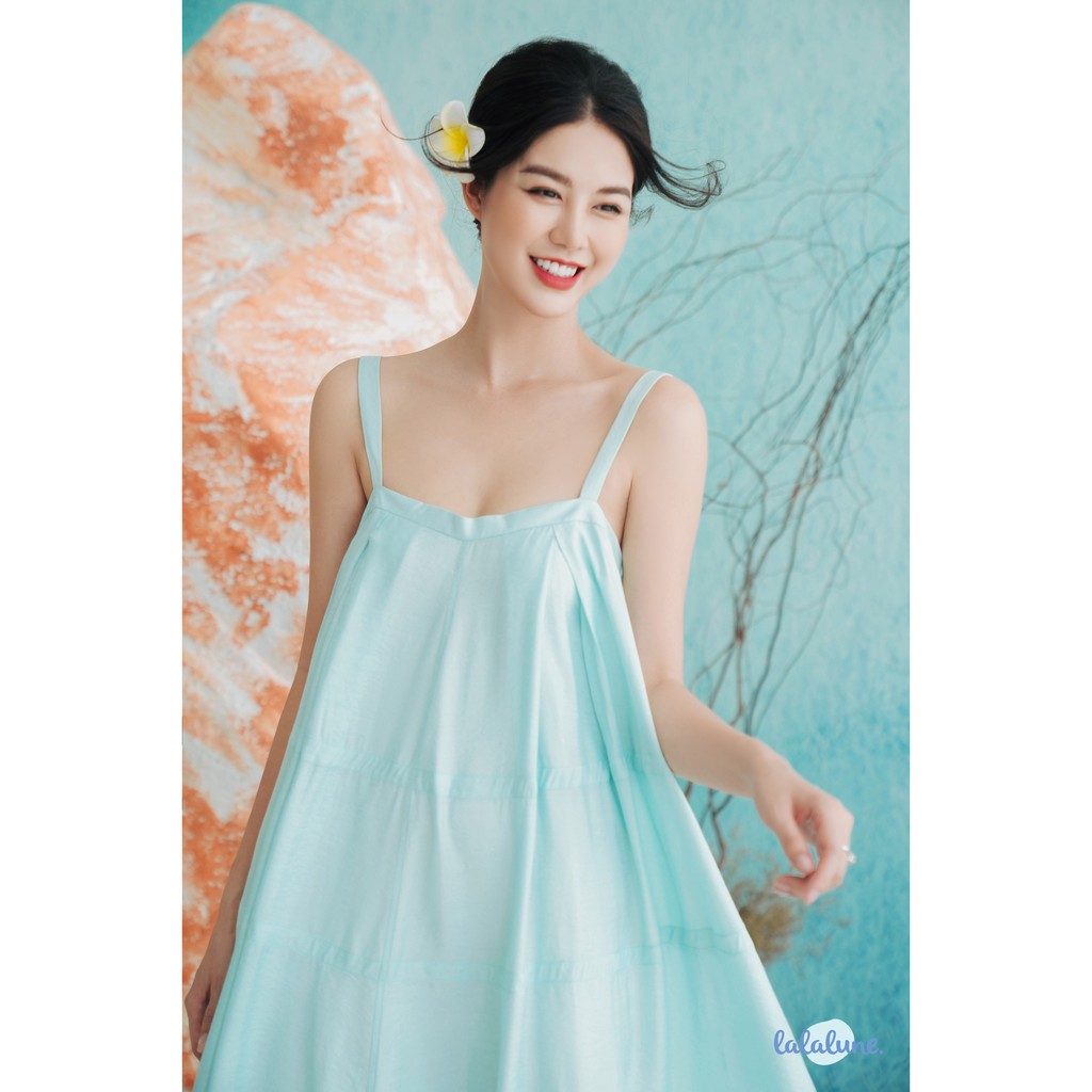 Đầm lụa 2 dây xanh mint loly dress lalalune cho mẹ và bé 3-7 tuổi