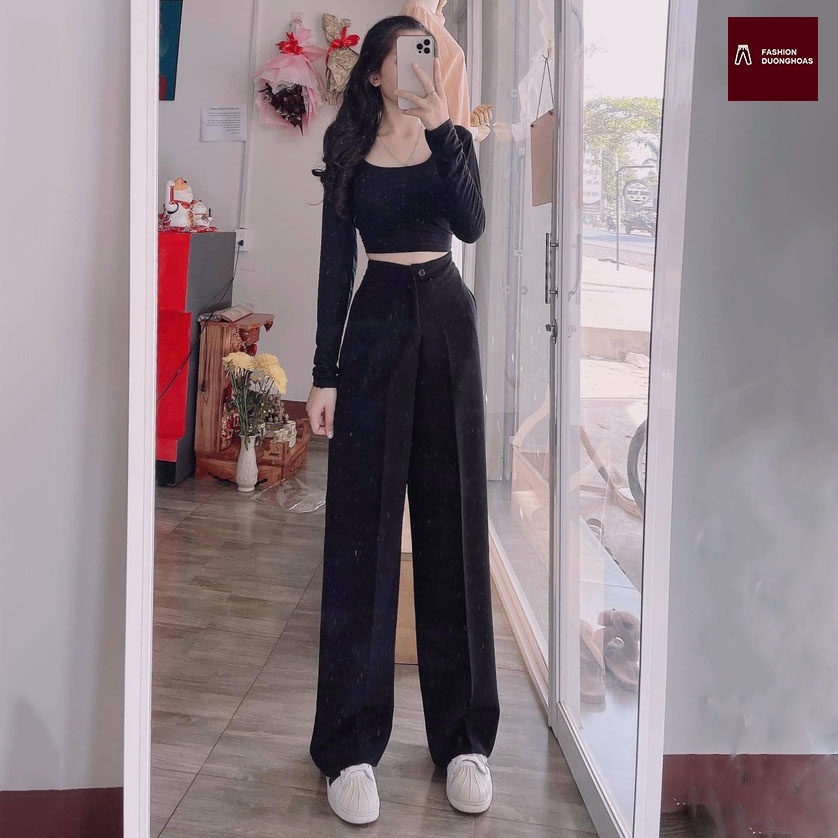 Quần Ống Rộng Suông lưng cao khóa trước 1 khuy chất tuyết mưa khuy giữa quần culottes ống xuông cạp cao cho nữ 008