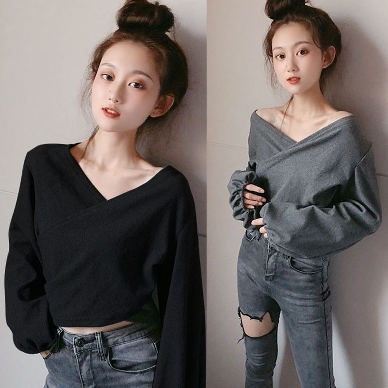 Áo thun trễ vai cổ chữ V dáng rộng phong cách Hàn Quốc