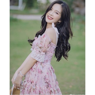 Đầm ngắn tầng nữ Swan Dress viền ren 2 dây trễ vai họa tiết hoa nhí – Là Hoa