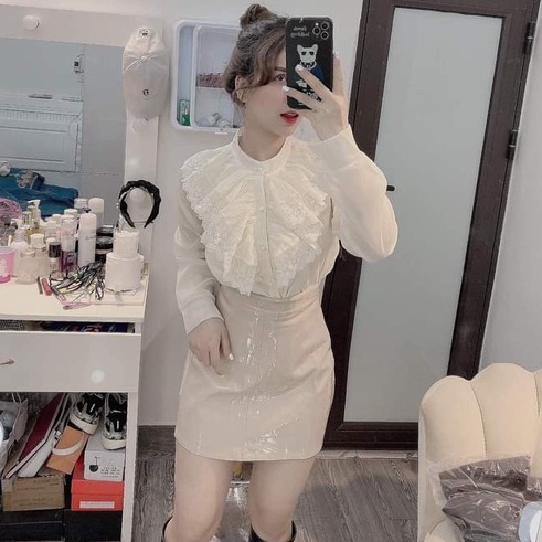 Áo sơ mi nữ tiểu thư cổ trụ nút ngọc dài tay bồng vải voan 2 lớp kiểu Áo sơ mi nữ form rộng vừa trắng đi học kem công sở