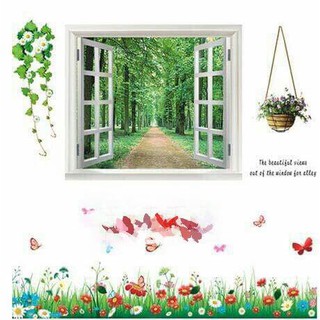 Decal dán tường Combo 2 tranh Khung cửa sổ xanh + vườn hoa cúc