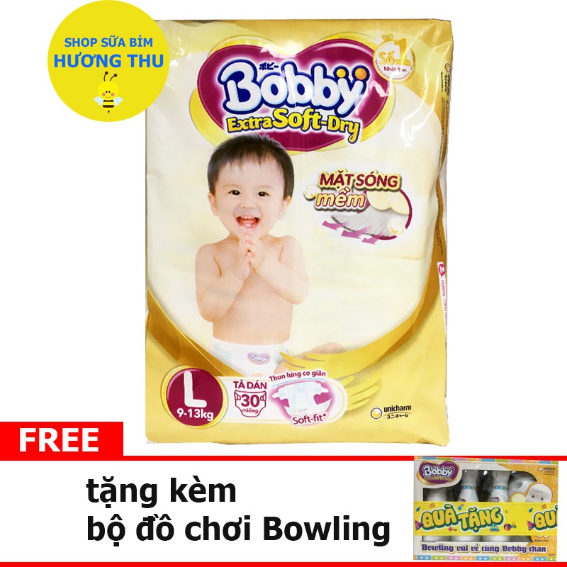 Tã/Bỉm Dán Bobby Extra Soft Size L 30 miếng (dành cho bé 9 - 13 kg), tặng kèm bộ đồ chơi Bowling