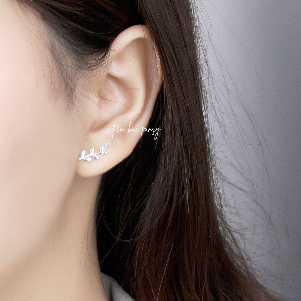 Bông tai bạc chốt thẳng hình lá Oliu, Khuyên tai bạc Pansy hình chiếc lá Oliu dễ thương