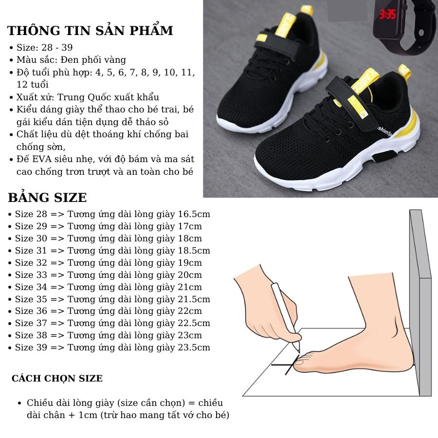 Giày thể thao màu đen cho bé trai 4 - 12 tuổi giày trẻ em phong cách khỏe khoắn năng động đế siêu nhẹ chống trơn GH44