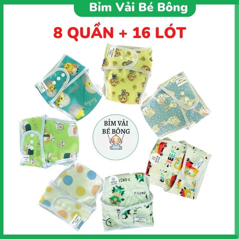 [ƯU ĐÃI] - [8 QUẦN+16 LÓT] Combo 8 Bộ Bỉm Vải Babu Nature Chống Hăm, Chống Tràn Cho Bé, Size M, L