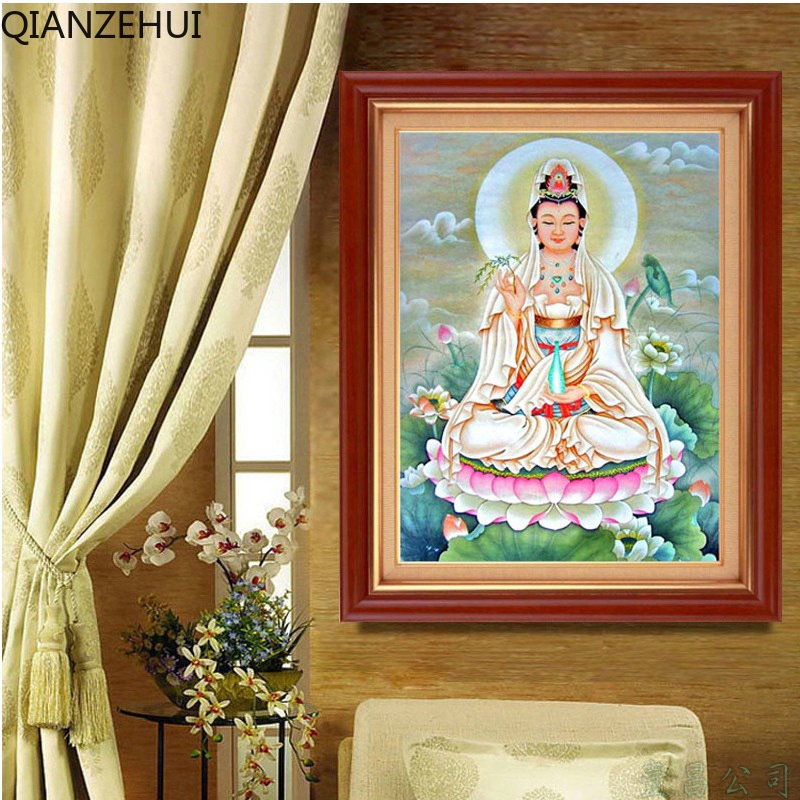 Bộ Tranh Thêu Chữ Thập DIY Hình Tượng Phật Bà Quan Âm Bằng Sợi Cotton 11CT