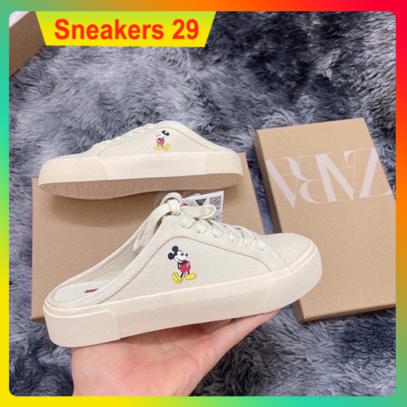 🌺Giày Thể Thao nữ hở gót, sục mickey, giày đạp gót zara vải canvas in hình chuột mickey