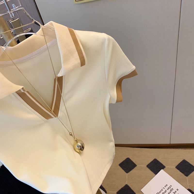 Pure desire for hot girls high waist slim short style design sense Polo collar short sleeved t-shirt women's summer 2022 new T-shirt blouse