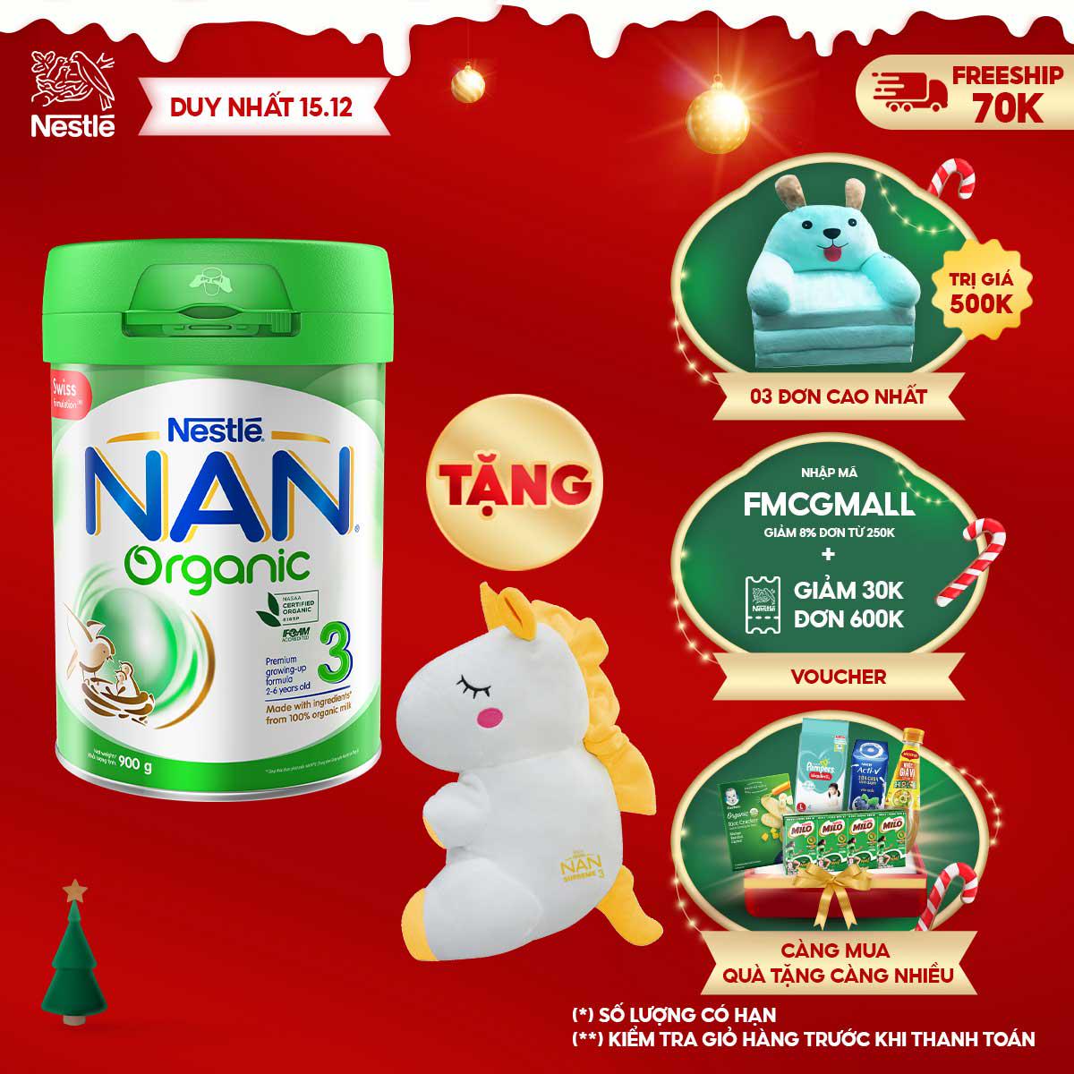 [Tặng 1 Gối Ôm Kỳ Lân] Sữa Bột Nestle NAN ORGANIC 3 – Hộp 900gram