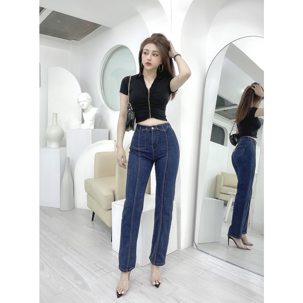 Áo thun croptop nữ CRAZYTEEN cổ sơ mi nhún ngực chất borip AT0144