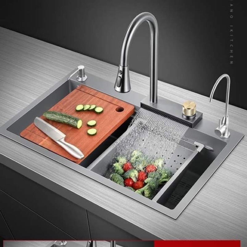 COMBO chậu rửa chén 1 hố kèm vòi nóng lạnh rút dây, sơn tĩnh điện công nghệ nano có chế độ rửa kiểu thác nước