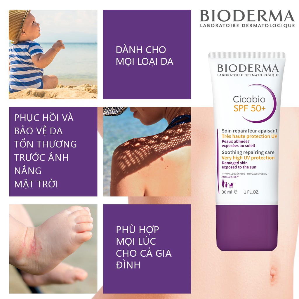 Kem dưỡng phục hồi da tổn thương và hạn chế tăng sắc tố sau viêm Bioderma Cicabio Spf 50+  30ml