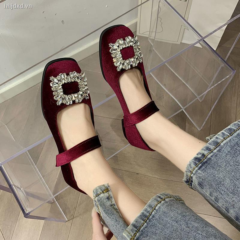 Giày mũi vuông đính đá phong cách retro thời trang mùa đông 2022 dành cho nữ