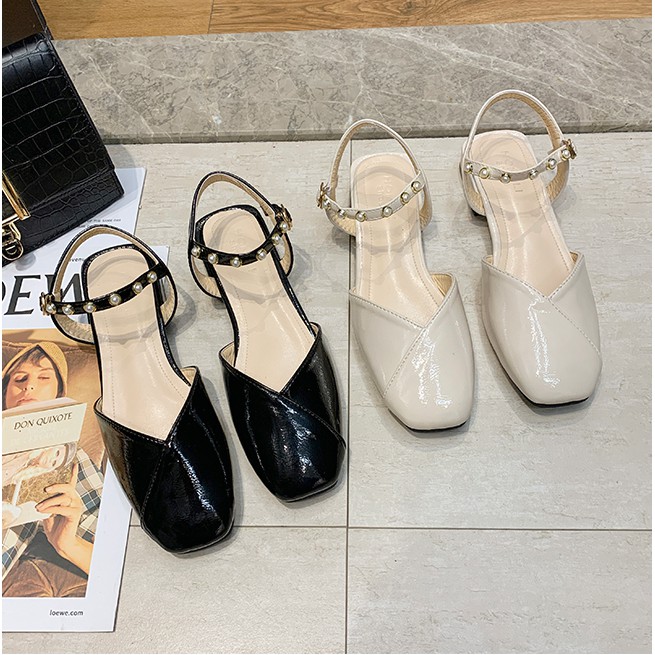 Giày sandal nữ da bóng đính ngọc quai cài cực xinh mang êm chân HOT 2021, giày sandal nữ đế bằng đẹp