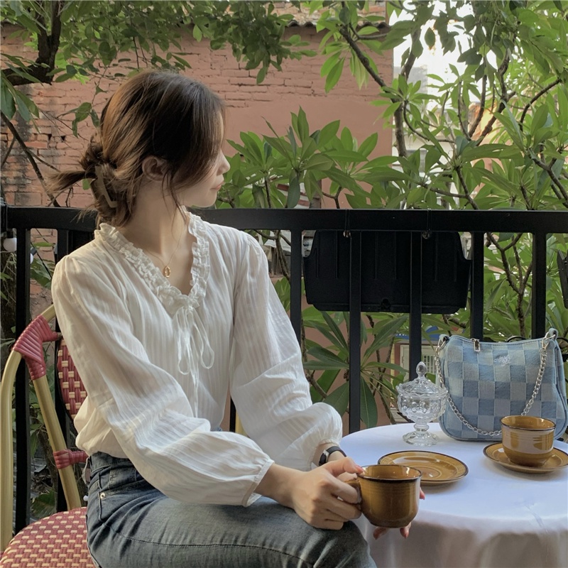 SUXI Áo Sơ Mi Trắng Tay Dài Cổ Chữ V Dáng Rộng Phong Cách Hàn Quốc Thời Trang Mùa Thu Cho Nữ