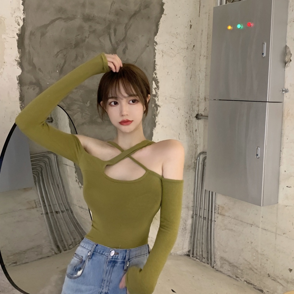 Áo thun COZOKC tay dài trễ vai dáng ôm thời trang quyến rũ cho nữ