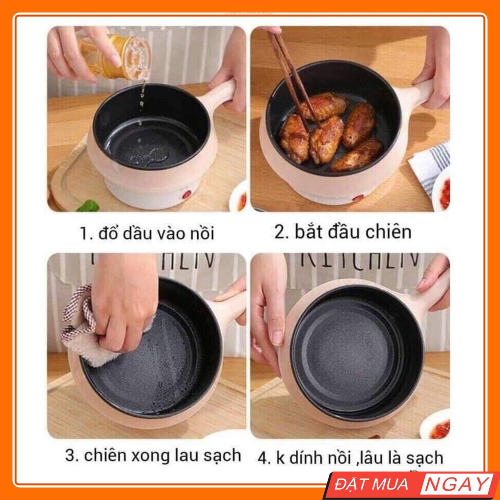 Nồi Nấu Mì Nồi Điện Mini Nồi Lẩu Điện Hai Tầng Đa Năng Chống Dính Tặng Kèm Xửng Hấp Chiên, Xào