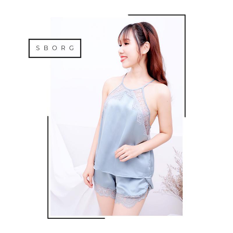 Đồ ngủ sexy SBORG bộ lụa latin cao cấp cổ yếm viền ren quần đùi đắp chéo quyến rũ freesize dưới 60kg quà tặng vợ