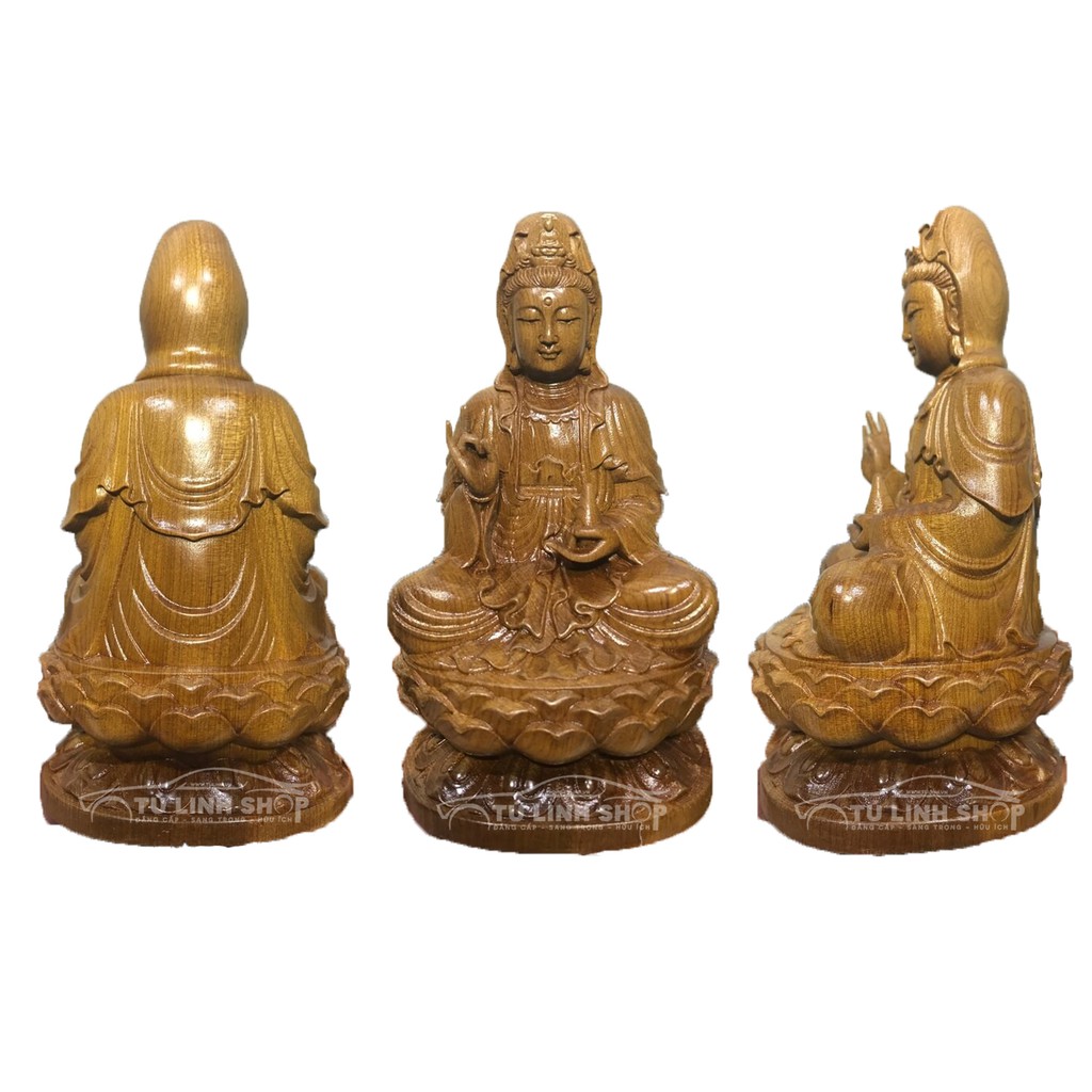 Tượng Phật bà để taplo bằng nhiều loại gỗ quý, mùi thơm dễ chịu.