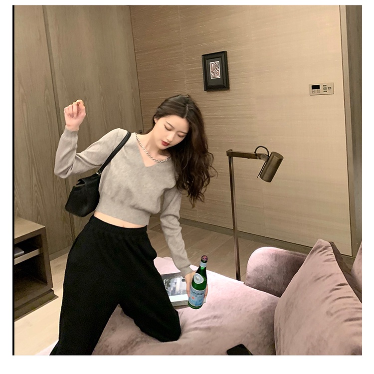 SUXI Áo dệt kim dáng ôm dài tay cổ V phong cách mùa thu dành cho nữ