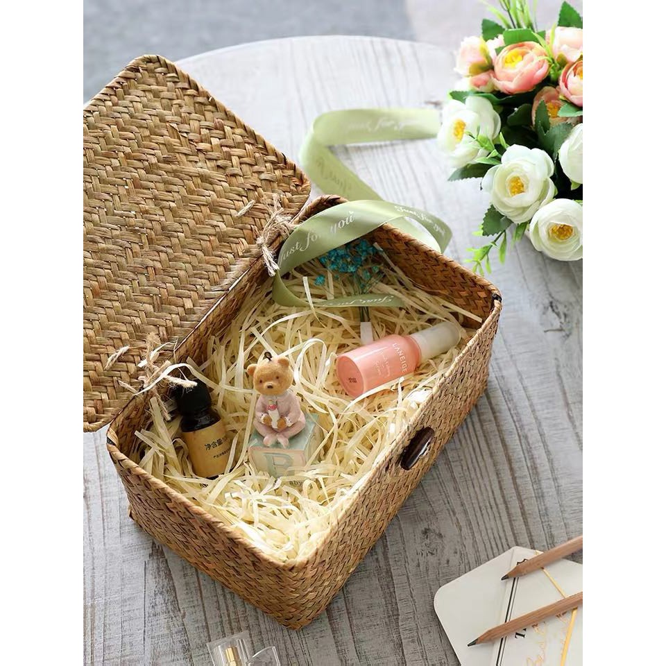 Giỏ cói có nắp đậy tiện lợi đựng đồ, giỏ đi picnic, hộp cói đựng đồ decor nhà cửa