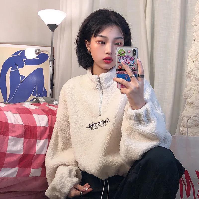 Áo khoác hoodie len lông cừu nỉ bông mềm dày ấm có khóa cổ phong cách Hàn Quốc mẫu mới 2021 | BigBuy360 - bigbuy360.vn