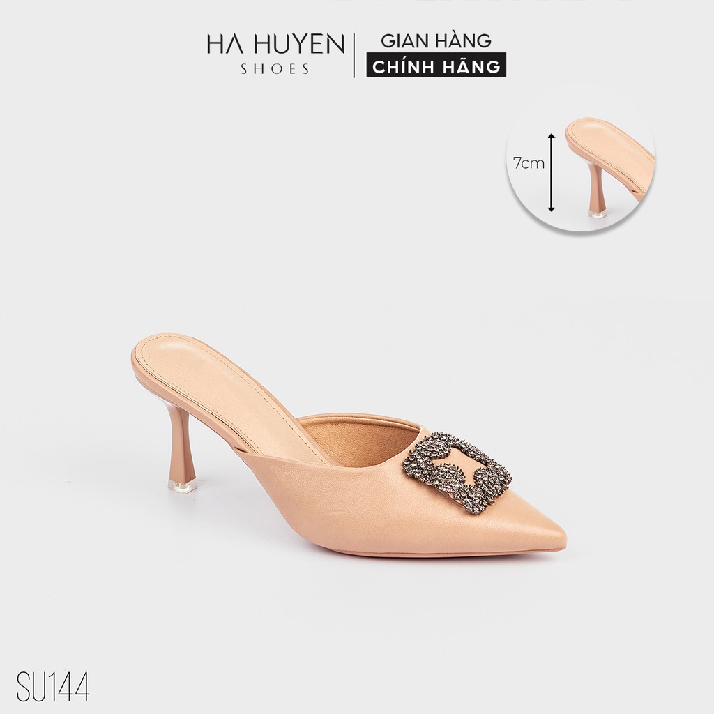 Sục nữ cao gót Hà Huyền Shoes da mũi nhọn đính đá xám gót nhọn 7 phân cao cấp - SU144
