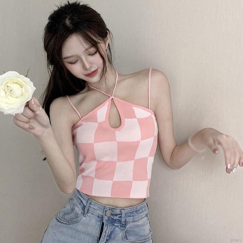 Áo croptop dệt kim hai dây họa tiết kẻ sọc caro thời trang phong cách Hàn Quốc
