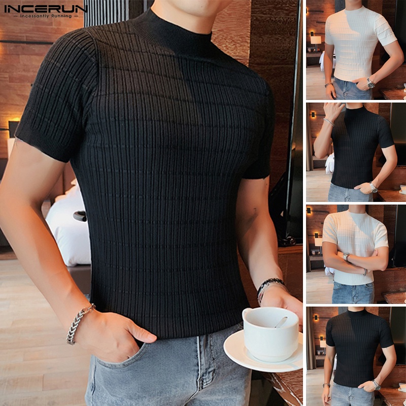 Áo thun INCERUN tay ngắn cổ cao màu trắng/đen thời trang cho nam