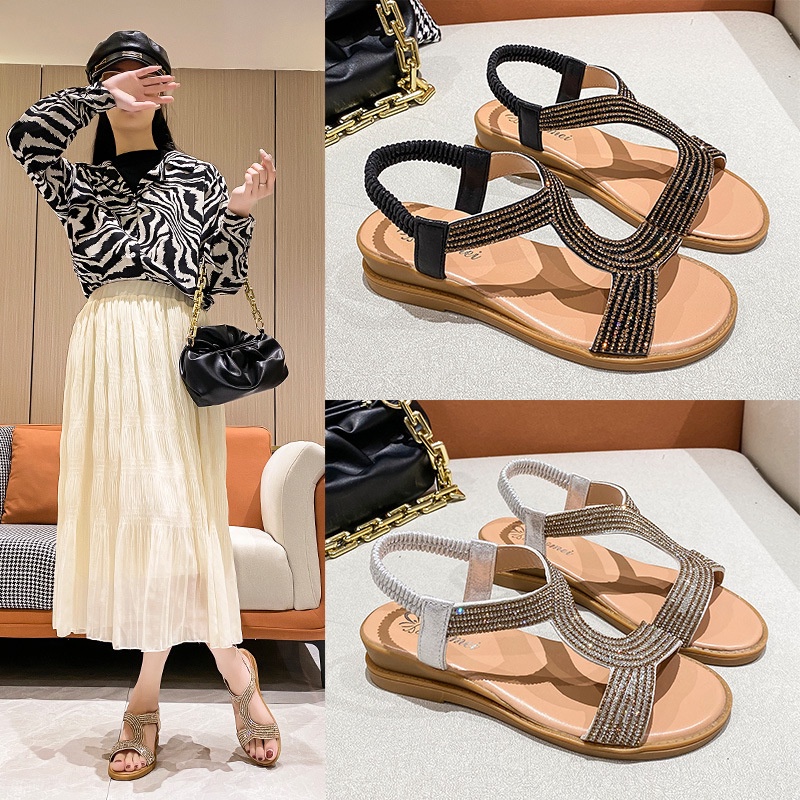 Giày Sandal Đế Xuồng Hở Mũi Đính Đá Thời Trang Mùa Hè Mới 2022 Cho Nữ