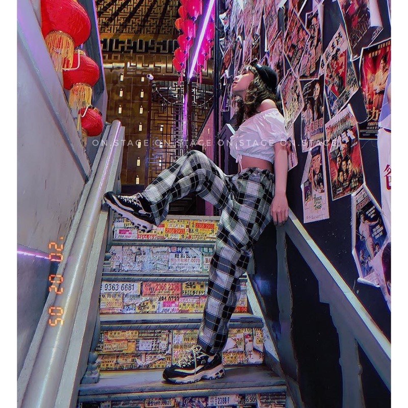 Quần Kẻ Caro Nữ Dáng Rộng Ống Suông  Cạp Chun Ulzzang Full Màu Hot YAME