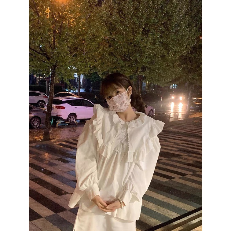 Áo sơ mi trắng form rộng babydoll cổ bèo tay phồng kiểu Hàn Quốc, babydoll trắng phối bèo tay phồng dễ thương