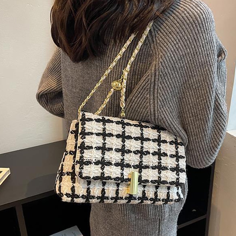 Túi Đeo Chéo Hình Vuông Cỡ Nhỏ Bằng Len Phối Dây Đeo Sợi Xích Thời Trang Cho Nữ