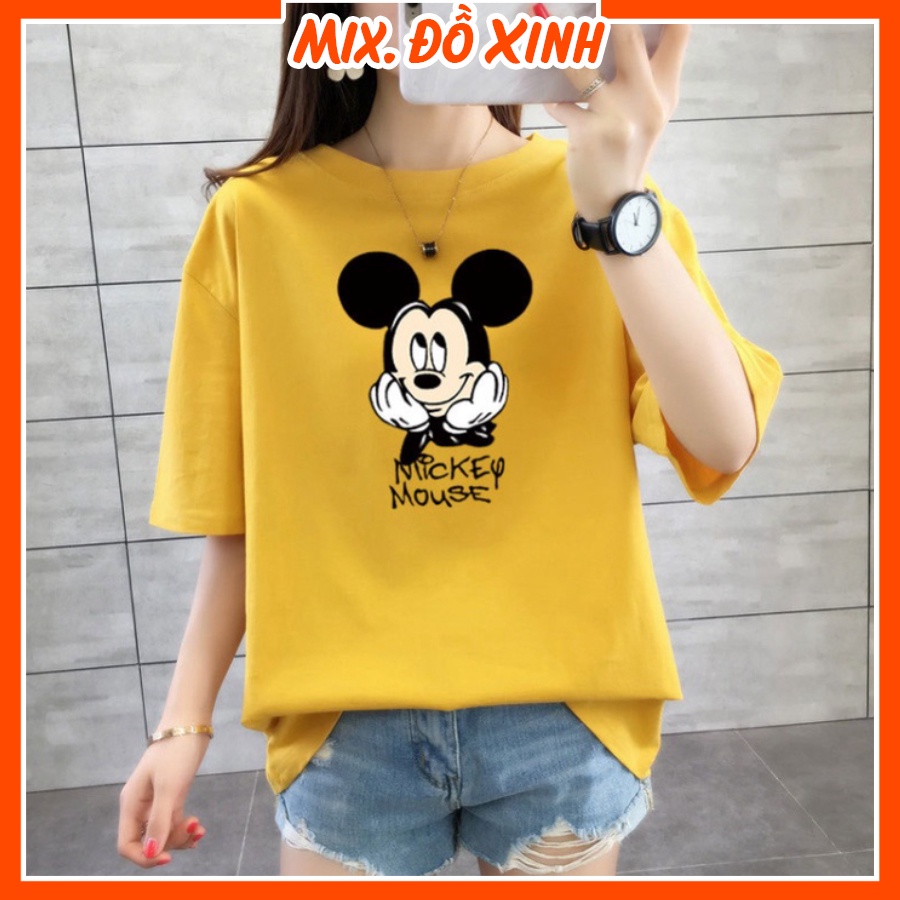 Áo thun form rộng áo phông tay lỡ Thu Hà chất liệu thoáng mát in hình Chuột Mickey Mouse
