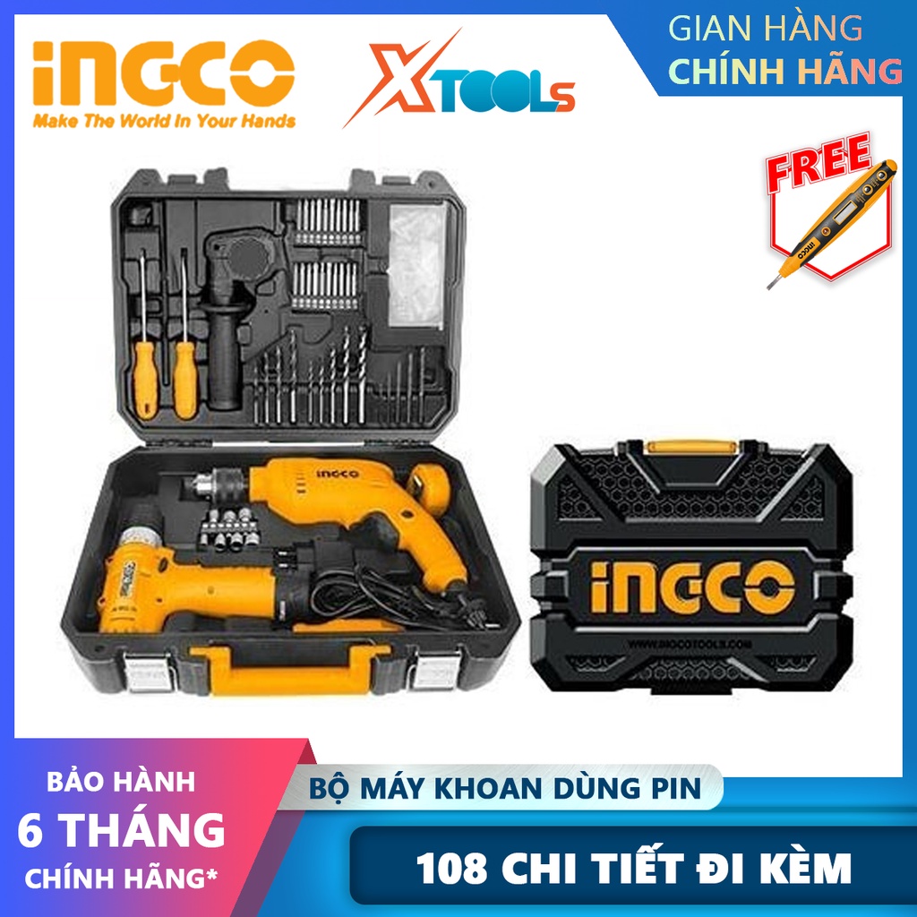Bộ máy khoan pin cầm tay có búa 108 dụng cụ gia đình Ingco HKTHP11081 bộ 108 đồ nghề gồm 1 máy khoan pin 12v, 1 sạc, 1 m