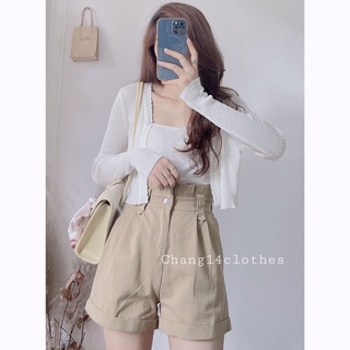 Quần Short đùi lưng cao ống rộng vải thô mềm kèm thắt lưng