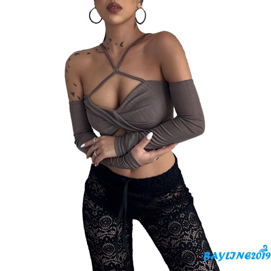 Áo Croptop Trễ Vai Tay Dài Màu Sắc Đơn Giản Cho Nữ