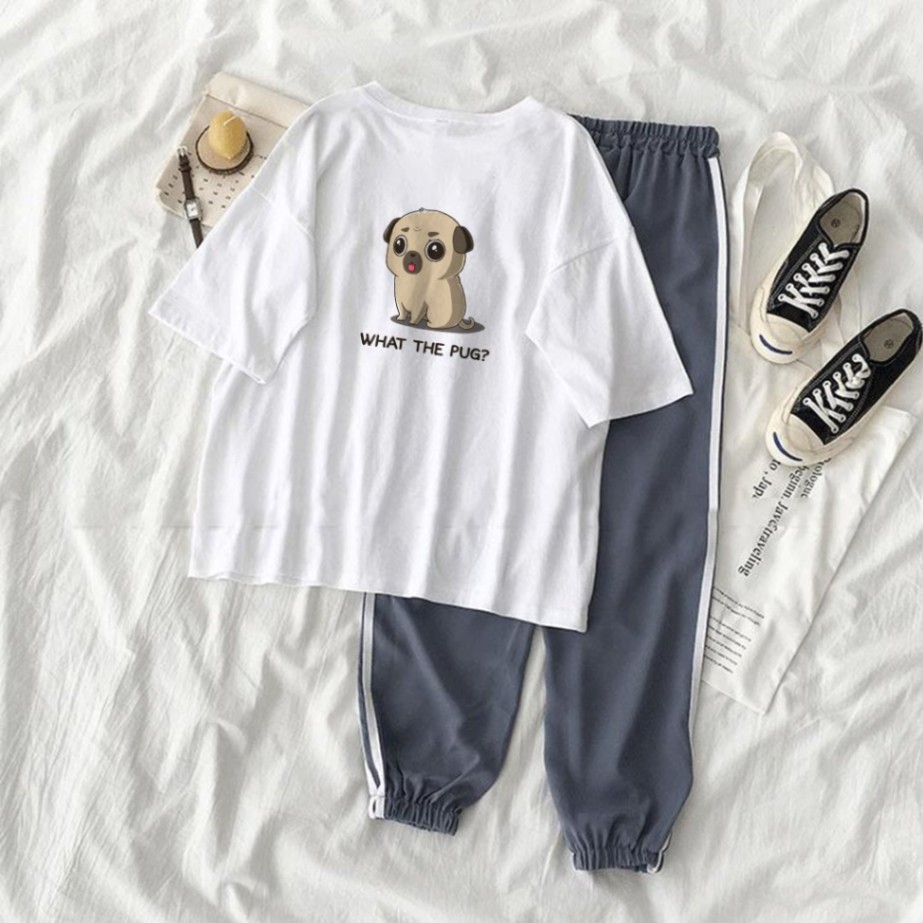 Set Jogger Line Phối Thun Unisex Quần ống bo Áo thun in Chó Pug  chất liệu cotton dành cho cả Nam và Nữ